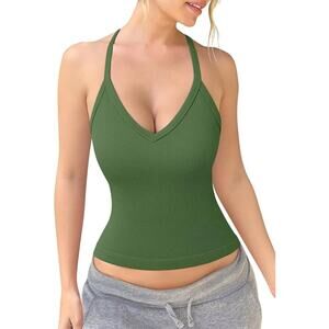 Women Ribbed V Neck Tank Top Army Green Stretch Fitted Cami Sleeveless M